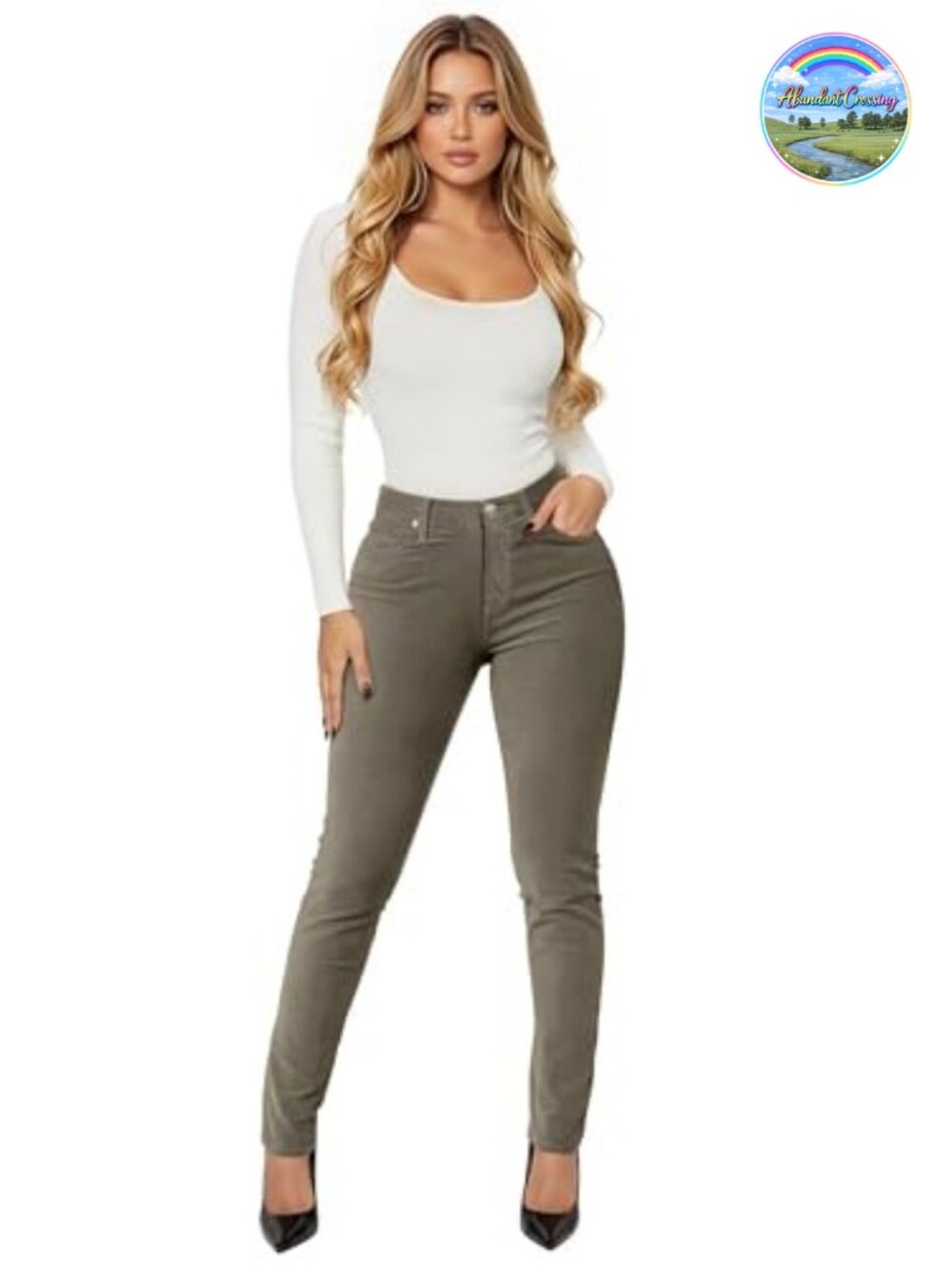 Corduroy Skinny Pants Stretch Comfy Mid Rise 5 Pockets Pull On